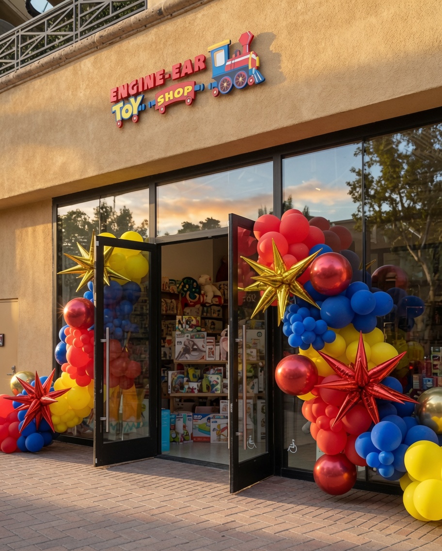 Engine Ear Toy Shop storefront decorated with colorful balloon arches